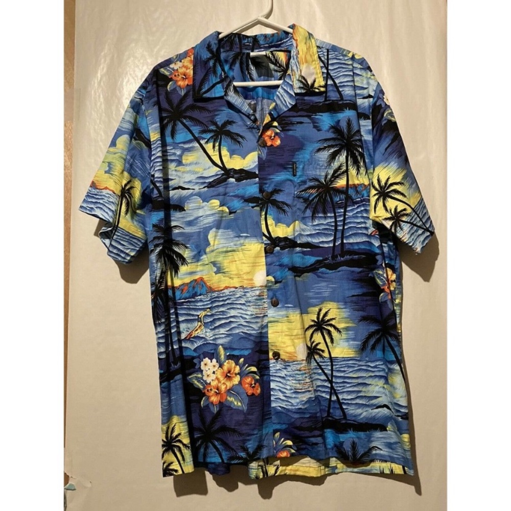 Palm Wave Button Up Shirt Men's Size 2XL XXL Short Sleeve Blue Hawaiian Cotton
